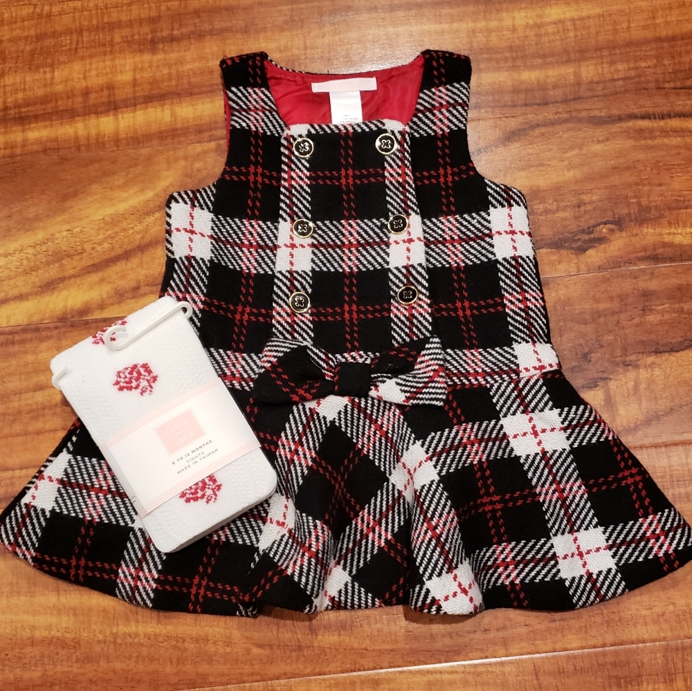 Janie and Jack NWT/EUC 6-12 months red/black plaid tweed jumper & floral tights